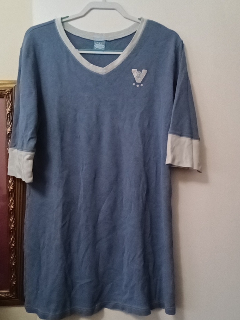 Women's V‑Neck Short Sleeve Shirt PJ in Blue with Contrast Trim